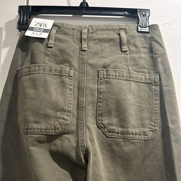 NWT Zara Wide Leg Cropped Army Green Jeans, Size 0 - Picture 7 of 12